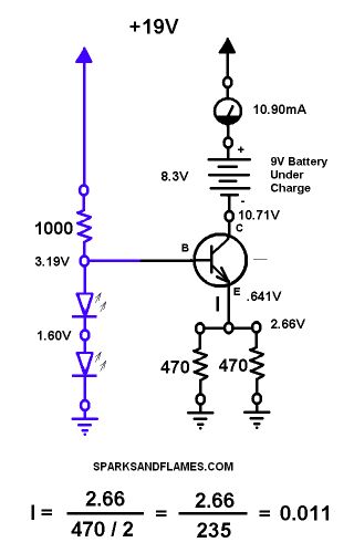 Schematic of Constant Current 9 Volt Battery Charger from 2 LED's and a NPN Transistor