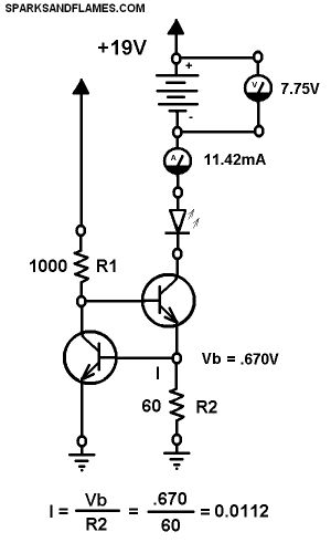 Schematic of 11mA Constant Current 9V Battery Charger from 2 NPN Transistors