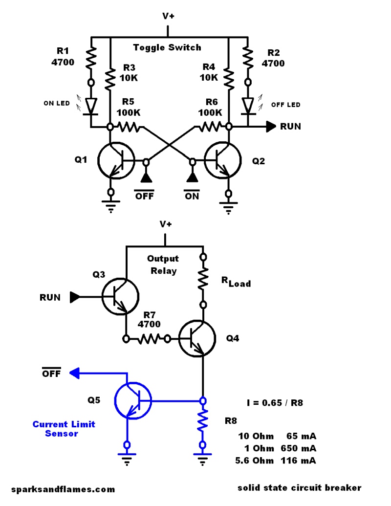 Schematic for Solid State 20V 650mA Circuit Breaker from 5 NPN Transistors